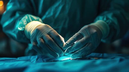 Surgeon's gloved hands perform surgery in operating room, illuminated instruments