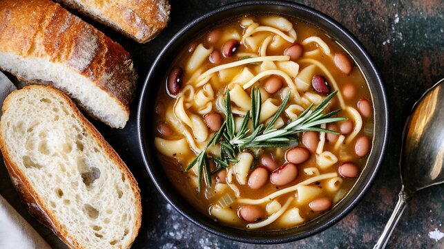 Top down view of Italian pasta e fagioli pasta bean soup garnished with fresh rosemary and served with crusty bread