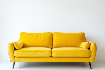 Obraz premium Stylish Yellow Velvet Couch Against White Wall for Modern Interior Decor