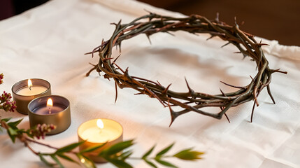Handmade crown of thorns on linen cloth with candles, evoking sacred Maundy Thursday mood