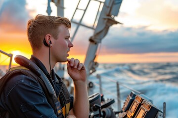 A young officer on a ship communicates during a vibrant sunset at sea.