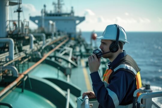 A marine officer on an oil tanker uses a handheld radio to communicate while at sea.