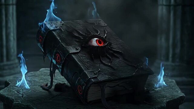 Ancient black leather grimoire with a glowing red eye on its cover sits on a stone altar in a gothic crypt, surrounded by flickering blue flames. Dark tendrils emerge from its pages. Dark fantasy atmo