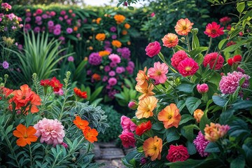 Lush Garden Background with Colorful Flowers and Green Foliage