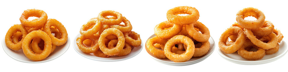 Four plates of crispy golden fried onion rings snack food.