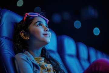 A young girl enjoys a movie in a dark theater, wearing 3D glasses, captivated by the film.