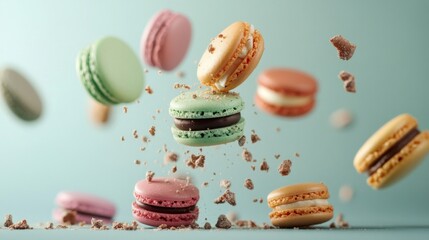 Obraz premium Colorful Macarons Flying Against Light Blue Background