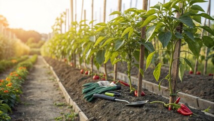 Pepper plants in garden bed with tools at sunrise