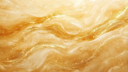 Obraz premium Golden glitter flows in abstract wave patterns, an elegant fluid design. Use as a luxurious background for celebration, cosmetics, or glamour themes.