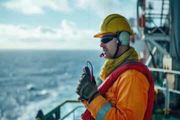 Oil rig worker using radio communication on a vessel at sea.
