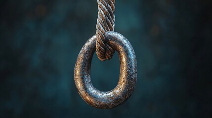 Rusty metal ring attached to a thick rope.