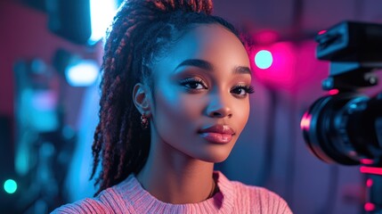 Confident woman vlogging studio neon lights