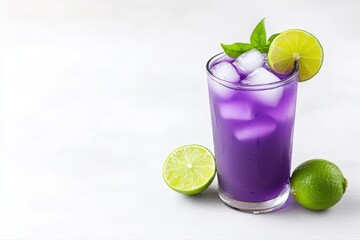 Refreshing purple drink with lime and basil garnish
