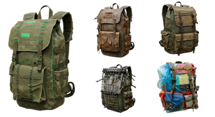 Various Backpacks Displaying Style and Wear on Transparent Background