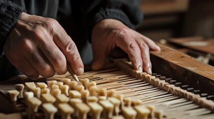 Hands carefully working on the intricate inner parts of the instrument