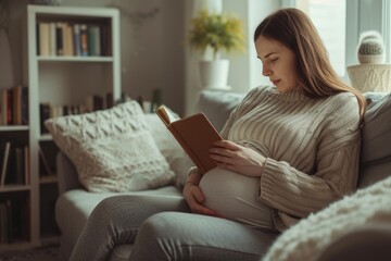 Pregnant woman relaxing on a couch, reading a book, enjoying a peaceful moment.