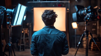 Filmmaker studio shoot setup; lighting, camera, backdrop