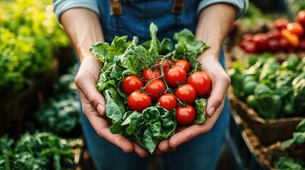 Farmer's hands holding fresh cherry tomatoes and spinach at a market
