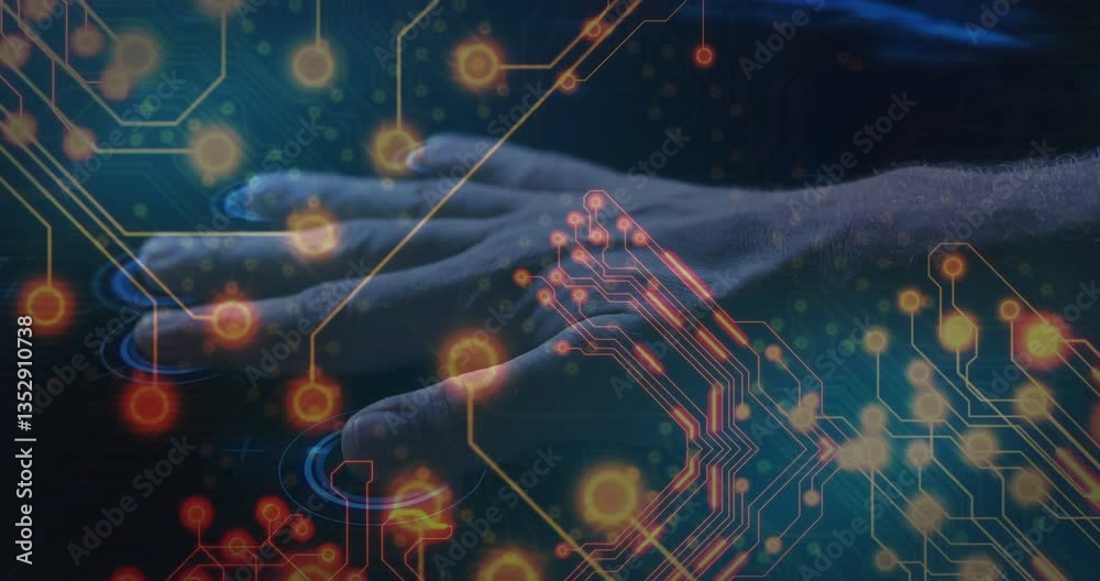 Poster interacting with animation, hands on digital interface with circuit patterns in blue light