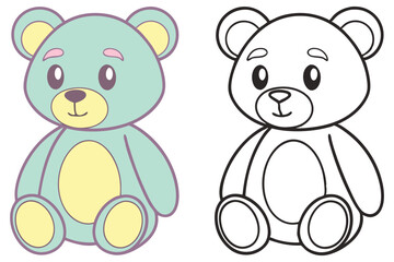 Colorful Teddy Bear and Outline, Illustration, Cartoon, Kid, Cute, Isolated on White