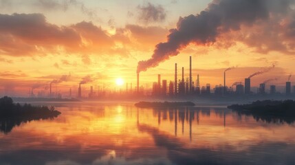 Sunset industrial pollution over river