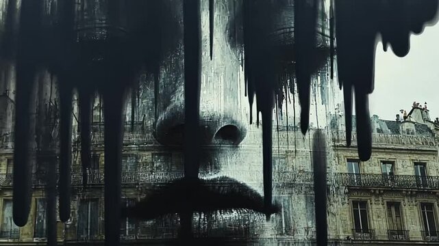 Urban art mural, face, dripping paint, city buildings, for background, poster or print