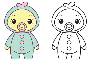 Cute Baby Character in Jumpsuit with Pacifier, Button Details, Outline Version Included
