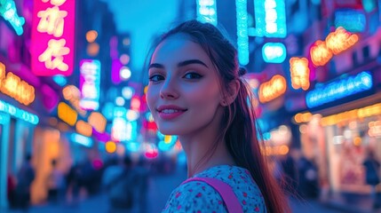 Smiling woman, night city street, neon lights, bustling background, travel blog