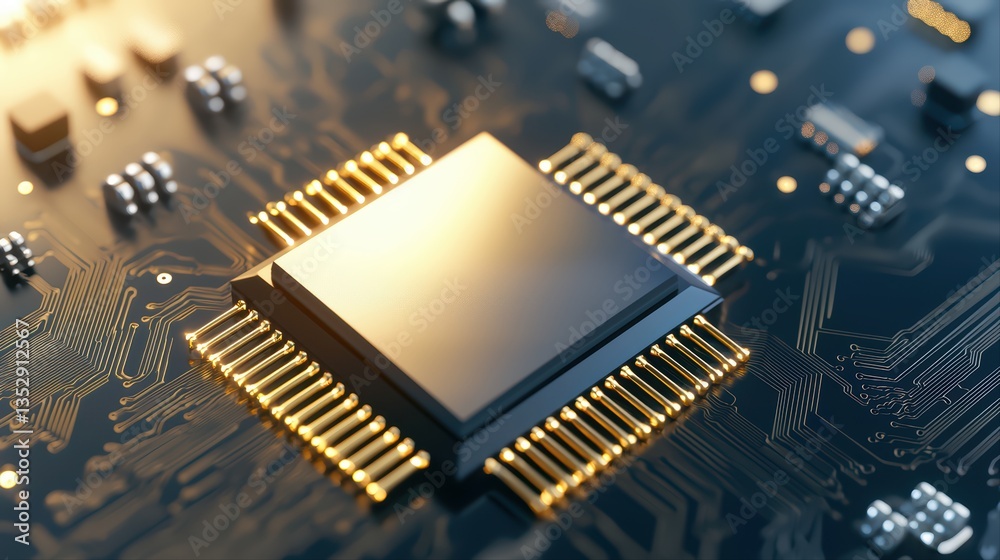 Poster close-up of computer microchip on circuit board