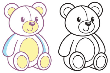 Fototapeta premium Cute Bear Outline and Color Illustration, Smiling, Children’s Cartoon, Toy, Two Version