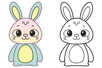 Cute Bunny Character Illustration, Kawaii Style, Outlined, Two Versions, Pastel Color
