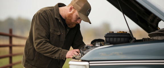 Man with beard, wearing brown jacket and cap, inspecting car engine outdoors near fence.  Scene depicts rural auto repair or maintenance