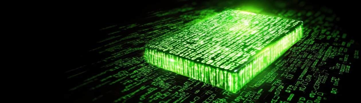 Digital chip concept with green binary code background