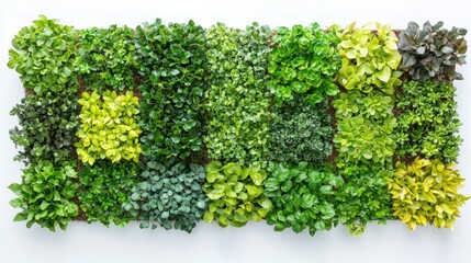 Lush green plant wall with varied textures against a clean white backdrop