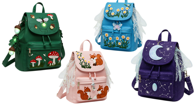 Display of Cute Backpacks with Fantasy Themed Designs and Wing Accents - Powered by Adobe