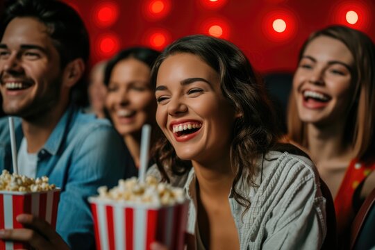 Friends enjoying a movie at the cinema, laughing and sharing popcorn.