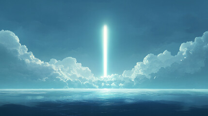 Fototapeta premium Serene ocean scene with a glowing vertical beam piercing through clouds at dusk, reflecting on water