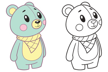 Cute Cartoon Bear with Scarf, Two Versions Colored and Line Art, Friendly Design Style