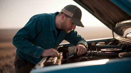 Man in teal shirt and cap examining car engine outdoors, sunlight illuminating scene. Represents car repair, maintenance, or roadside assistance.