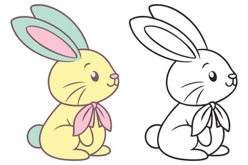 Cute Cartoon Bunny Duo Pastel Color Palette and Black Outline Style On White