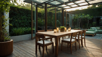 Beautiful composition of cozy terrace with big table, garden chair, plaid, plants in flowerpots, tableware, fruits in bowl, buns, brown tablecloth and personal accessories. Home decor.