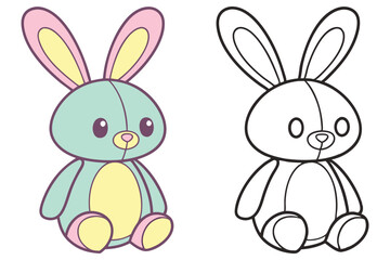 Cute Cartoon Bunny Rabbit Illustration. Pastel Color. Outline and Color Version