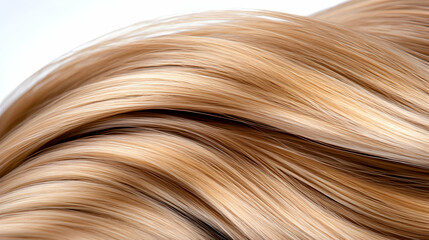 Blonde hair, flowing waves, close-up, white background