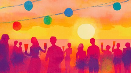 Vibrant Summer Beach Party at Sunset with People Enjoying Colorful Cocktails and Festive Atmosphere