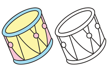 Cute Cartoon Drum Illustration, Musical Instrument Outline, Pastel Colors, Playful Design