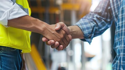 A construction engineer shaking hands with a contractor at a newly developed site, symbolizing project approval