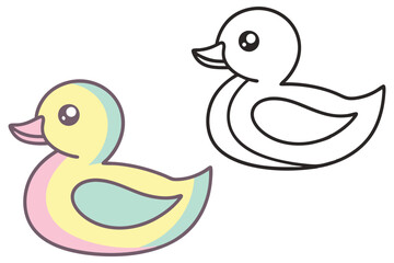 Cute Cartoon Duck Character with Pastel Color Palette and Line Art on White Background