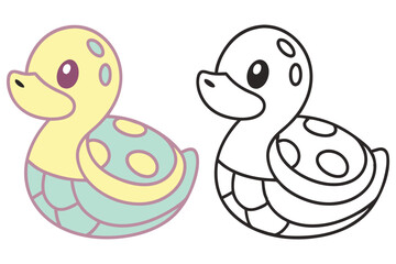 Cute Cartoon Duck Illustration, Pastel Colors, Playful, Black and White Outline Version