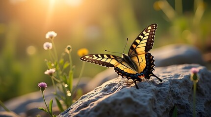 Obraz premium Majestic Swallowtail Butterfly Resting on Rock with Wildflowers Around
