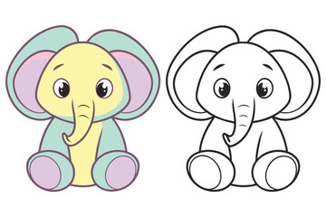 Cute Cartoon Elephant with Pastel Colors and Outlined Version Isolated on White Background